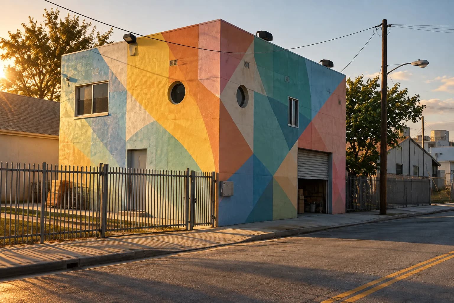 A warehouse street early in the morning with low light raking across large painted walls, an empty road and one shutter half-raised