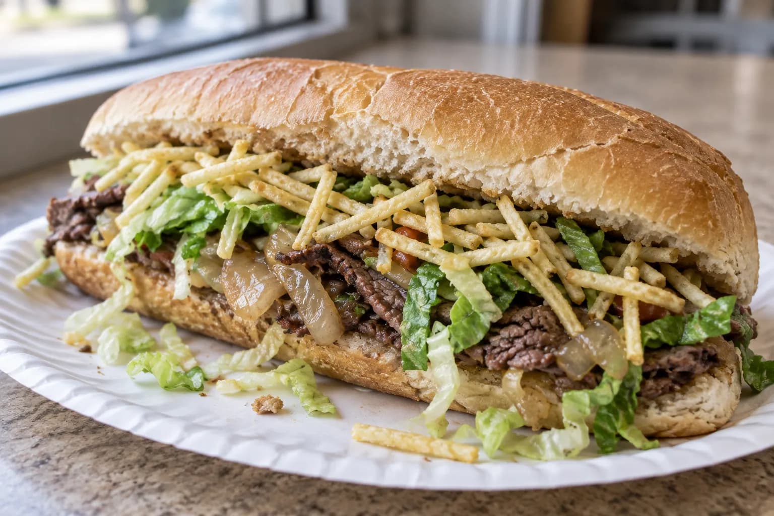 A long soft roll filled with thin steak, cooked onions and crisp potato sticks on a paper plate on a formica counter in flat daylight