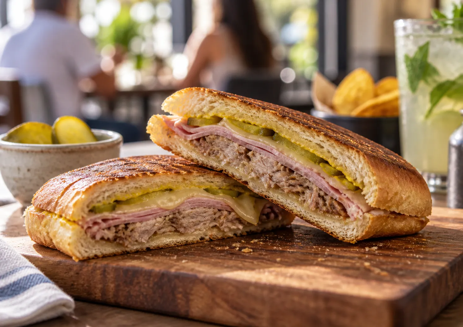 A pressed Cuban sandwich on house-baked bread cut open on a wooden board