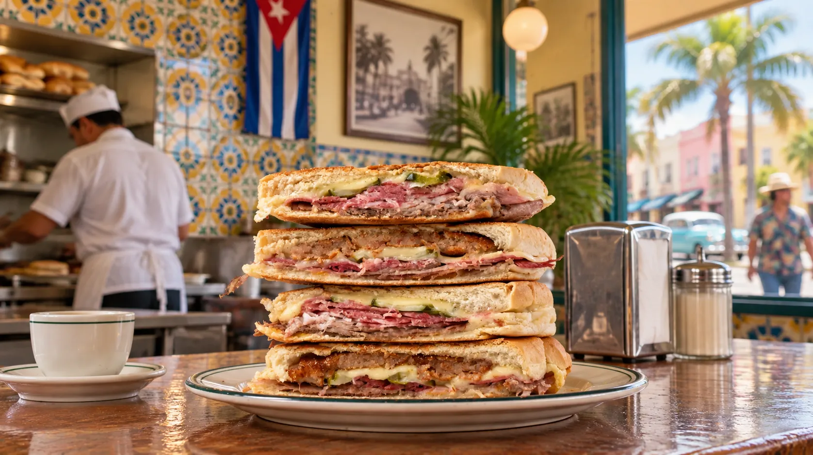A bright retro Cuban sandwich shop on Calle Ocho with a counter, tiled walls and a window onto the street