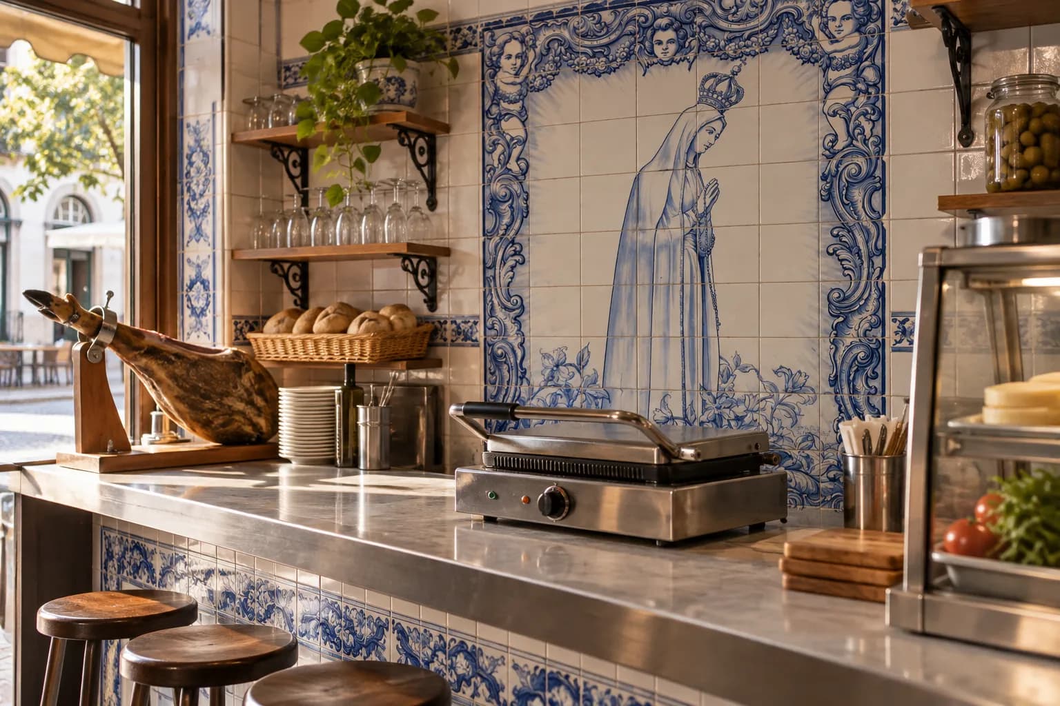 A small tiled sandwich counter before service with a closed press on the worktop, stools tucked in and a whole cured ham on a stand