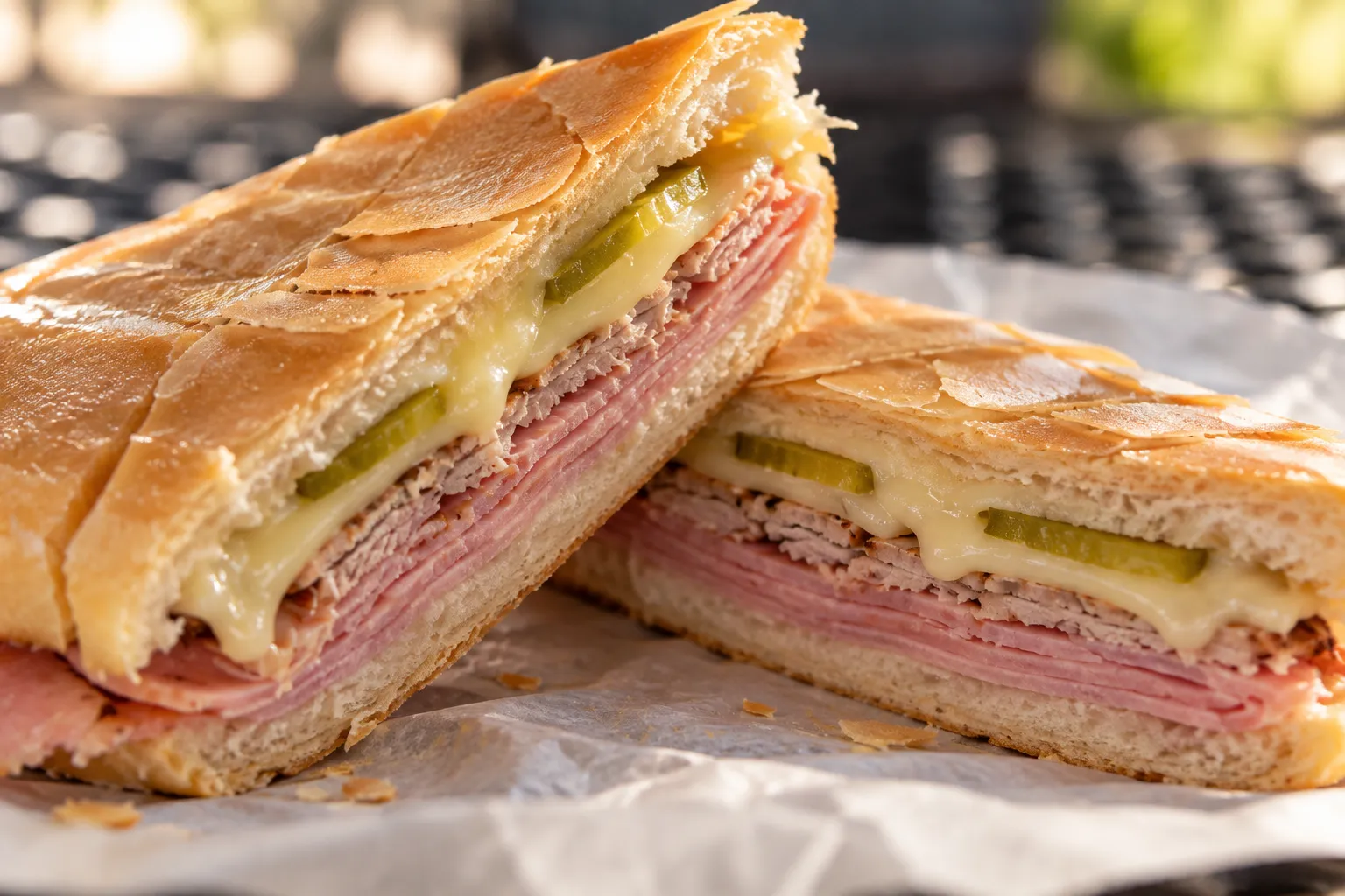 A pressed sandwich cut on the diagonal with both halves cut-face to camera, showing layers of ham, roast pork, melted cheese and pickle