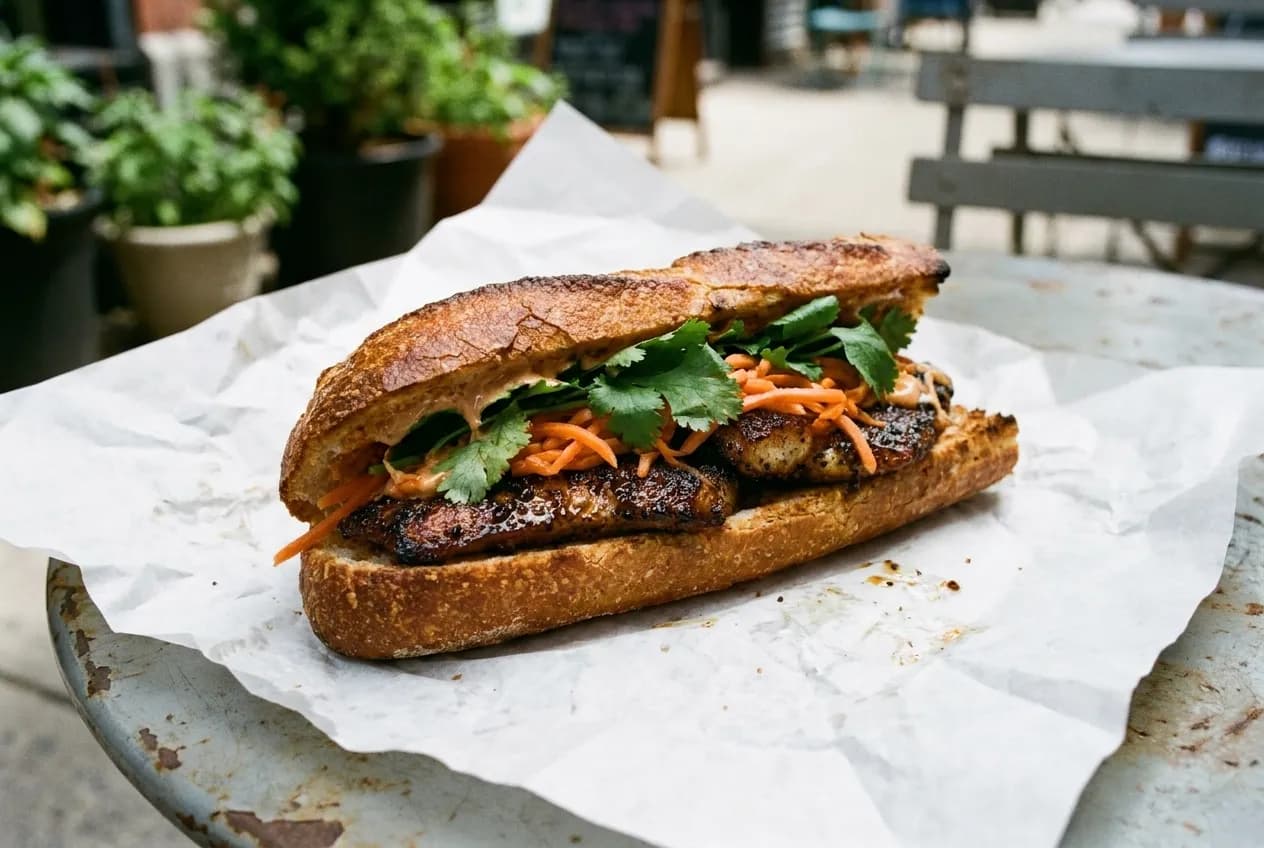 A Cambodian-style sandwich with peppercorn catfish, pickled carrots, cilantro, and chili mayo on a crusty baguette.