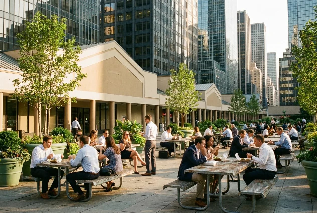 Office workers eating lunch at metal tables in Grand Central Plaza's outdoor garden in Midtown East.