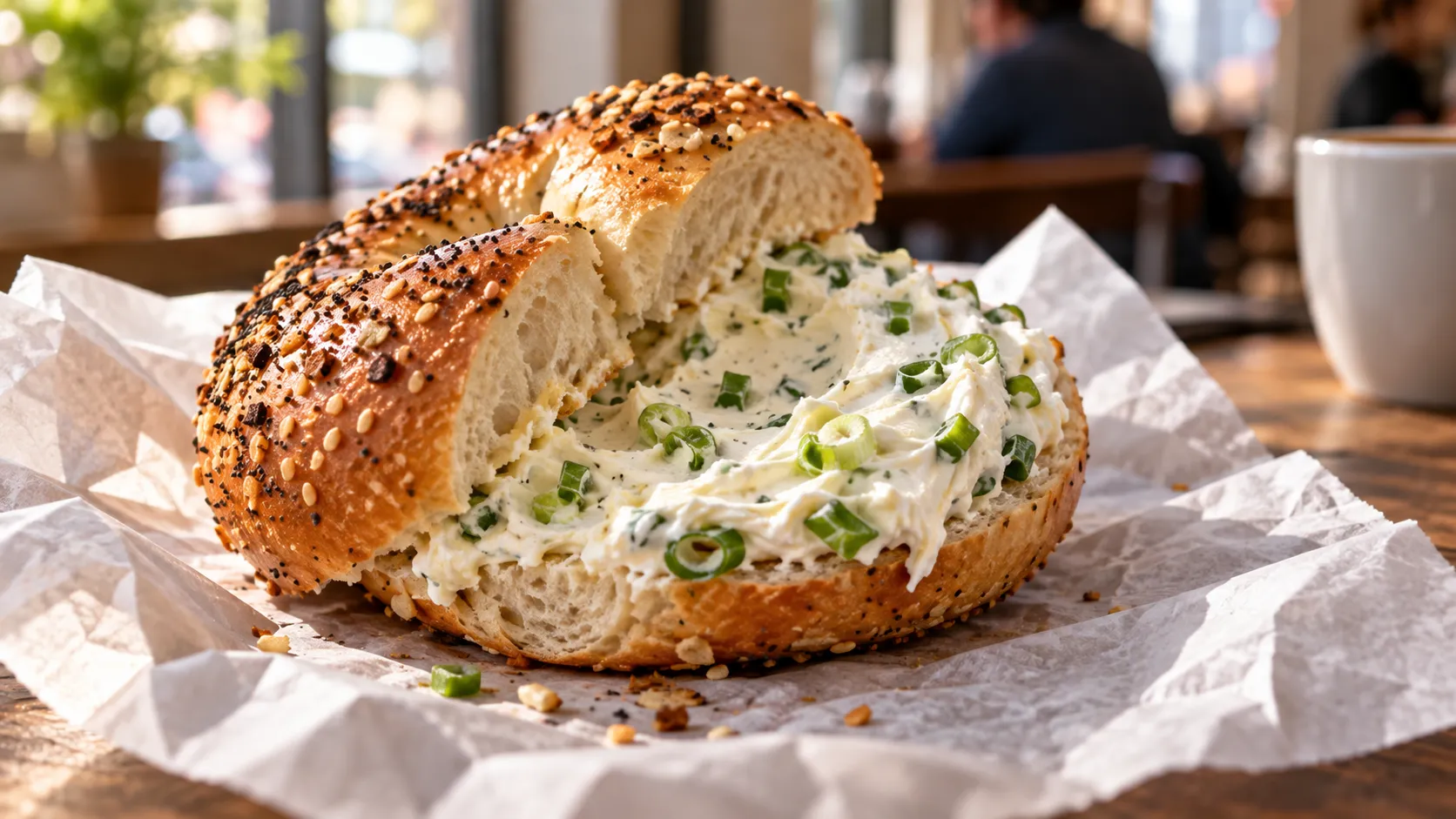 A hand-sliced bagel with a thick layer of scallion cream cheese on a paper wrapper