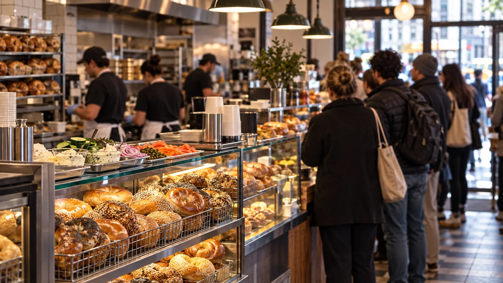 A busy Midtown bagel shop interior with a long counter, display cases and a queue of customers