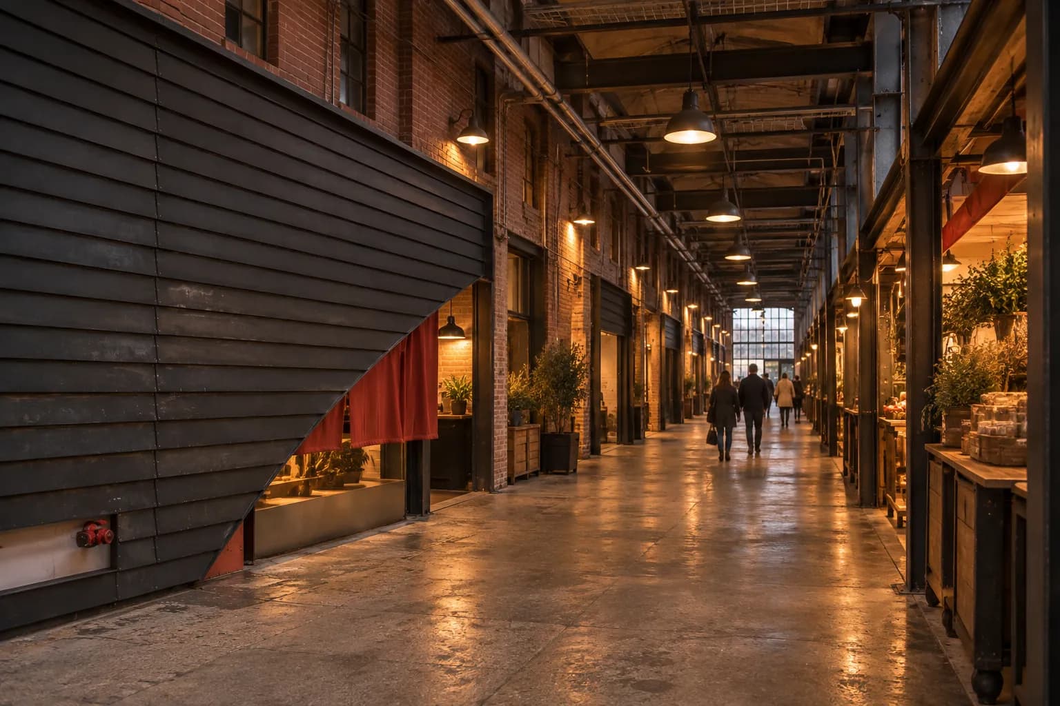 A long converted-factory market corridor with exposed brick, overhead pipework and warm hanging lamps, a few figures far down the passage