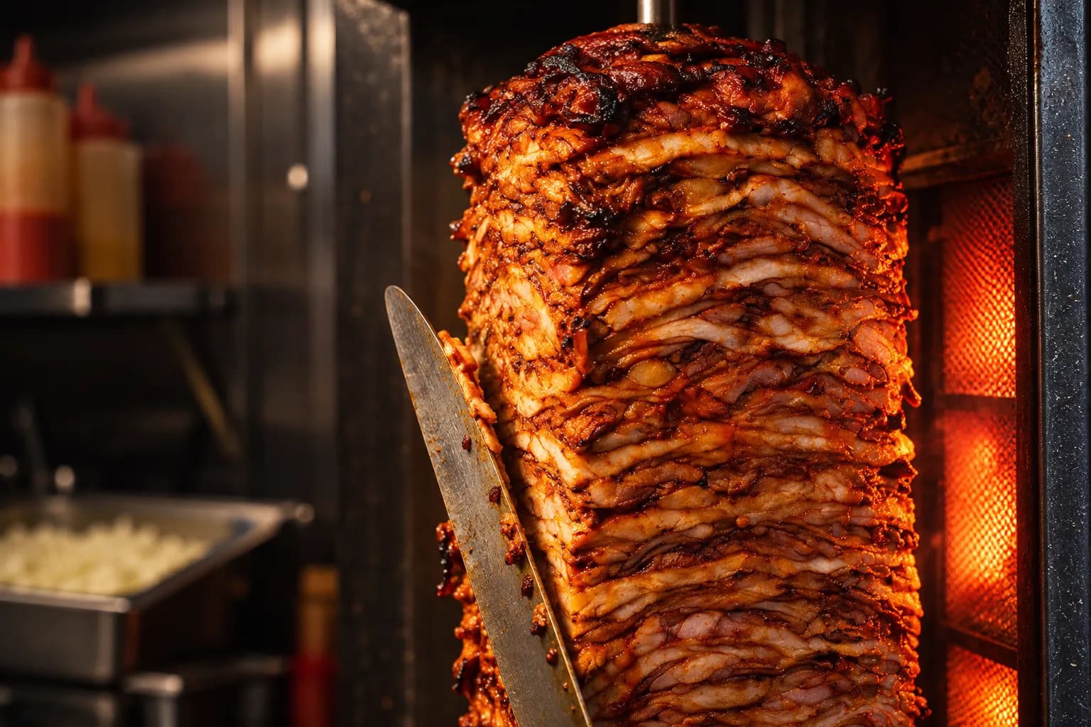 A vertical spit of deep red marinated pork turning beside a glowing burner, its outer edge blackened and crisp, dark kitchen behind