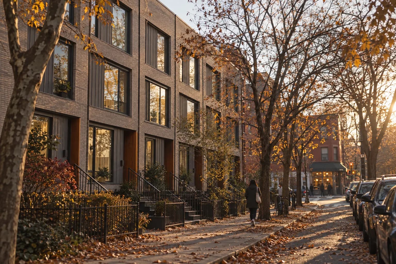 A residential Brooklyn row-house street in autumn afternoon light with leaves on the pavement and a small lit corner shopfront at the far end