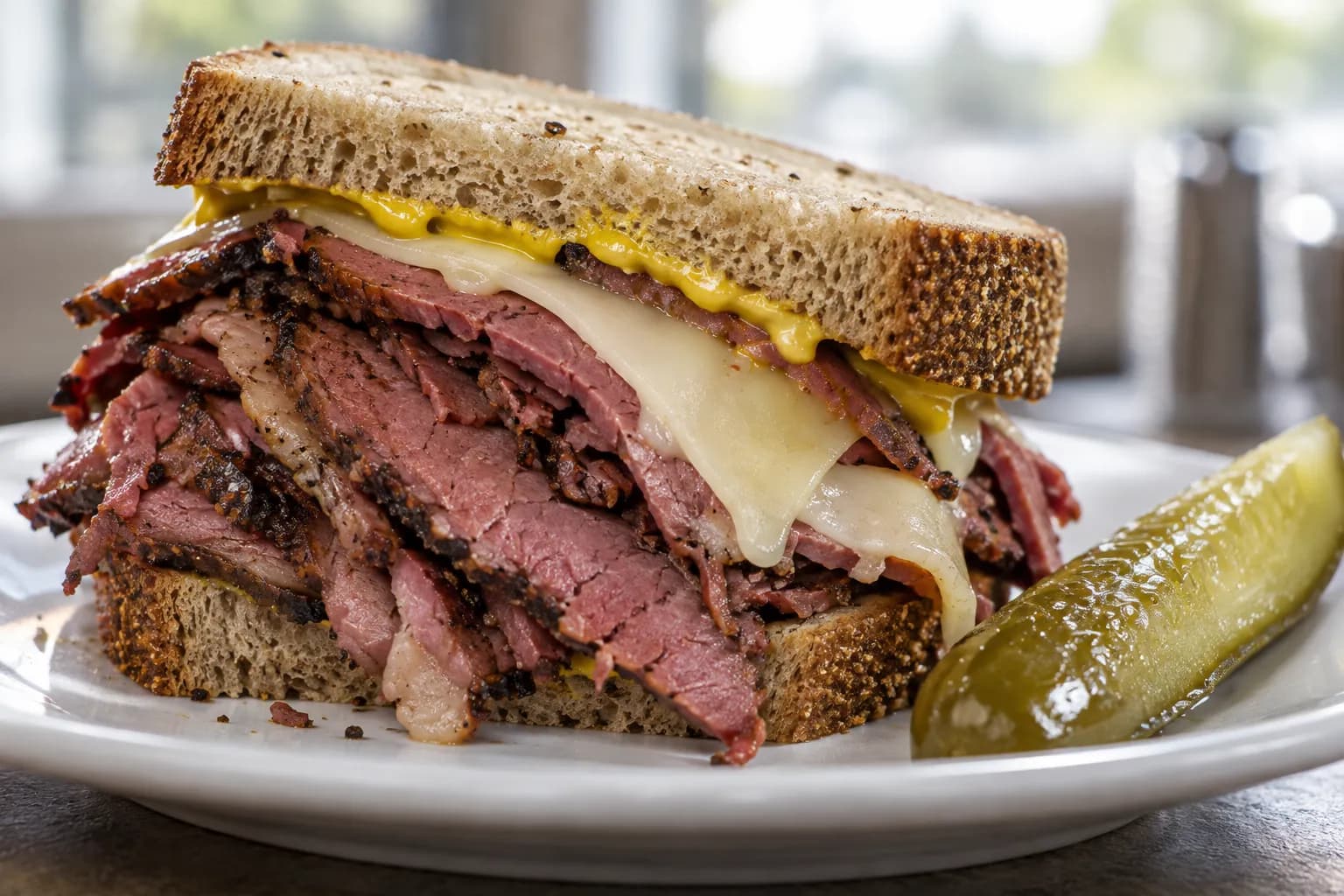 A tall stack of dark peppery hand-cut brisket between thin slices of rye on a white plate, with yellow mustard and a pickle spear beside it
