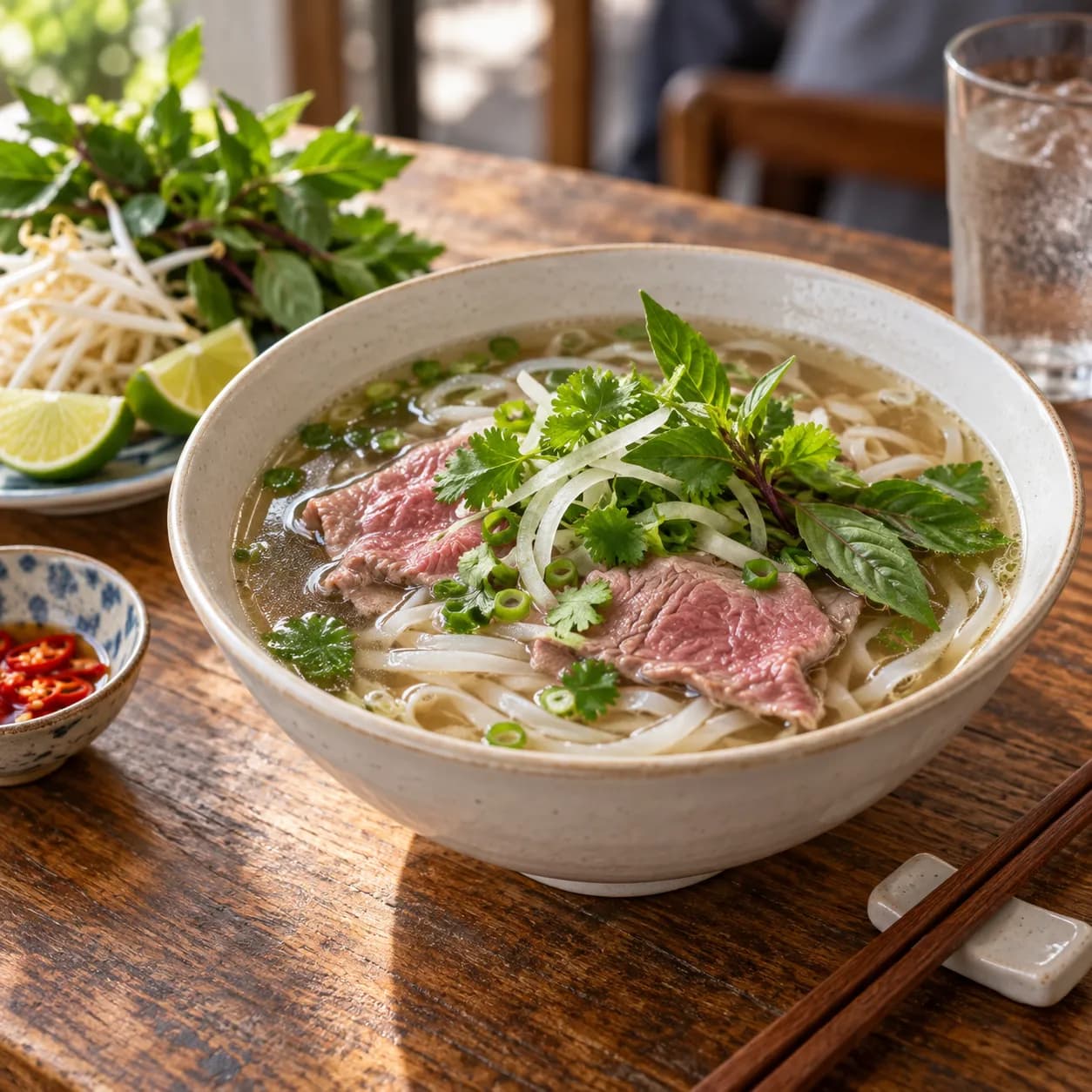 A bowl of pho with rare beef, herbs and lime on a wooden table beside chopsticks