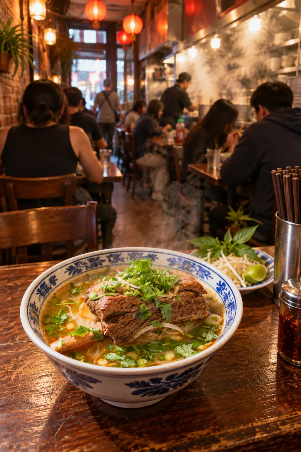 A narrow busy Vietnamese restaurant on MacDougal Street with close-set tables and steam from the kitchen