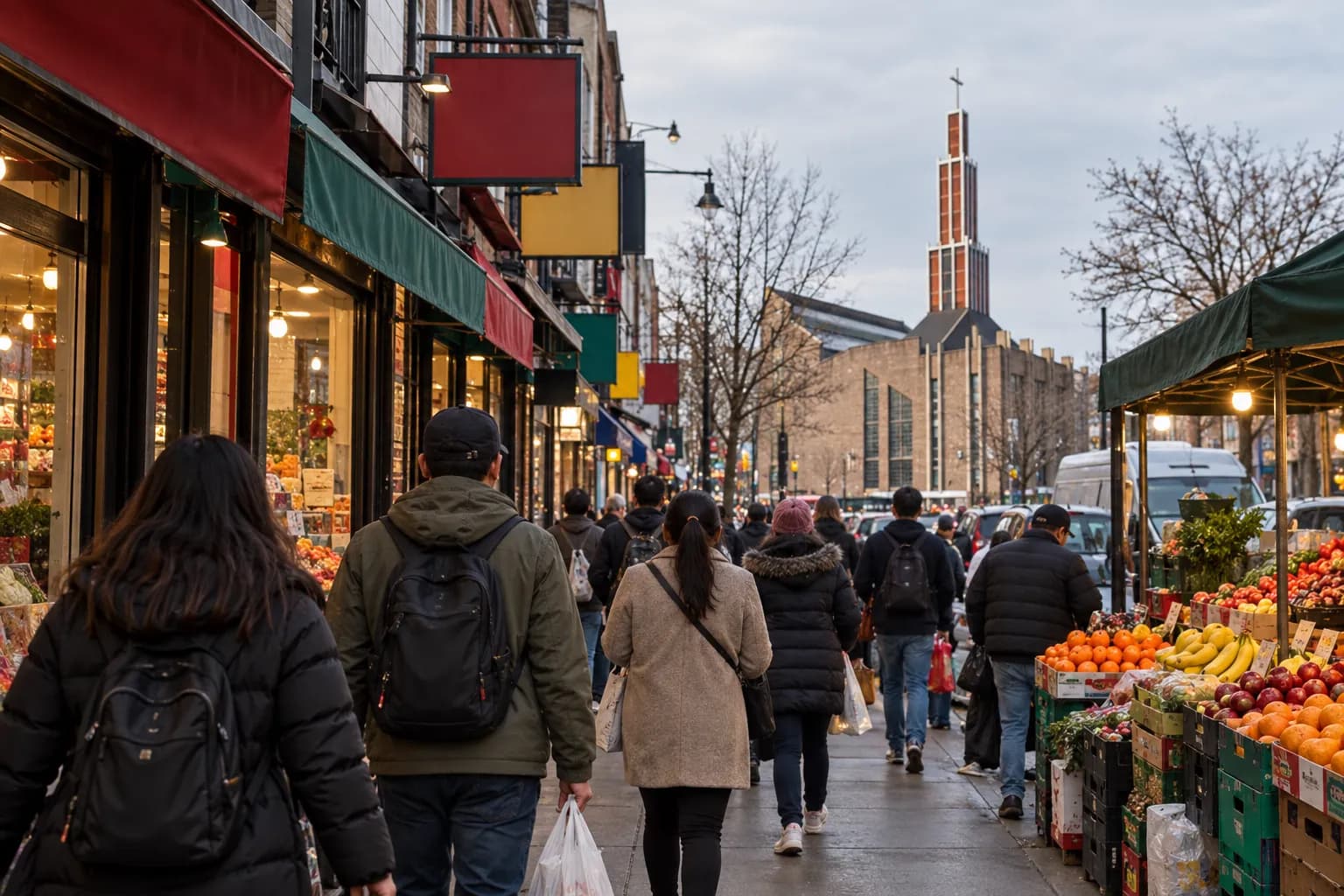 A dense commercial street with layered projecting signs above and a crowded pavement, a fruit stall spilling onto the kerb in flat light