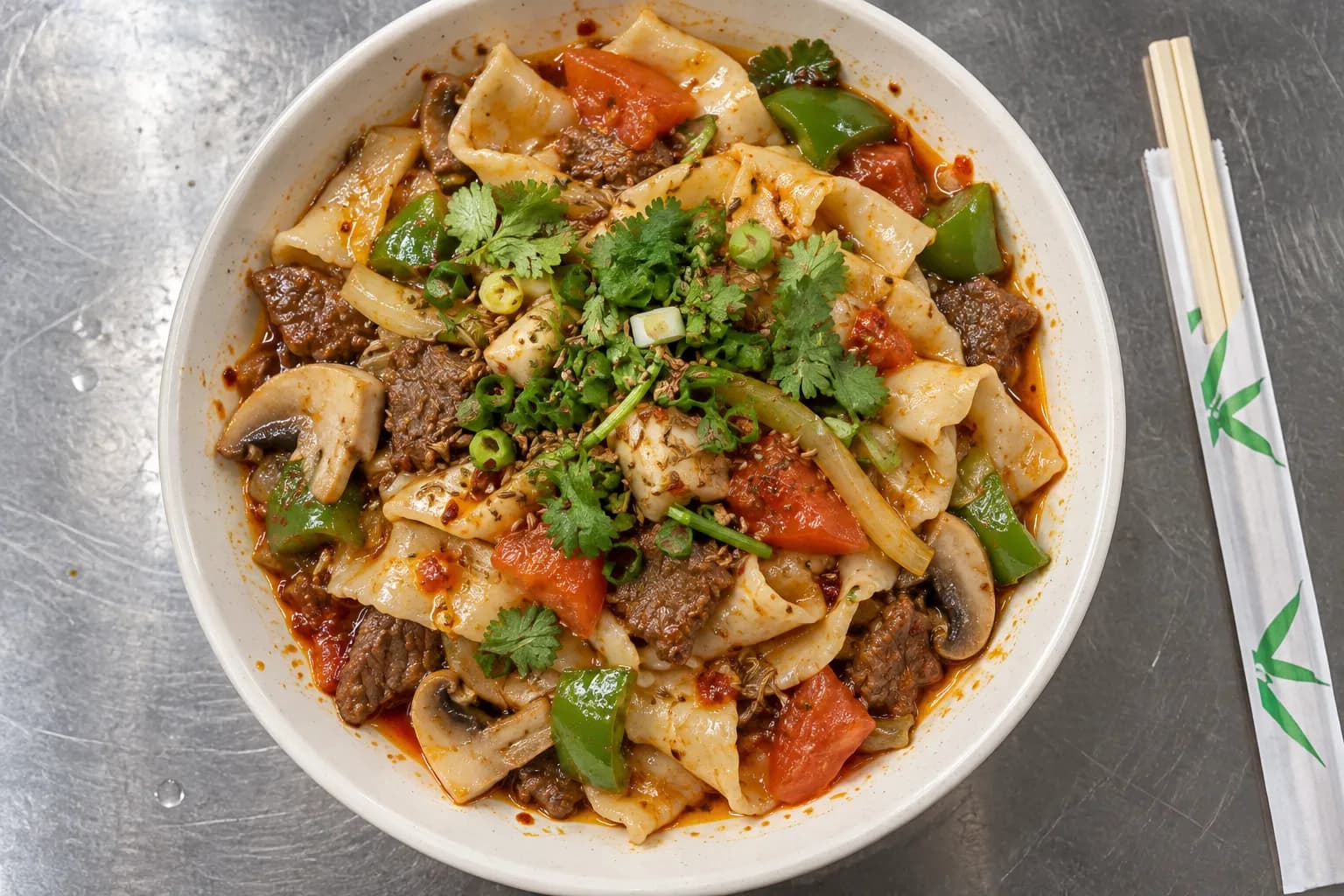 A melamine bowl of very wide unevenly ripped flat noodles under red chilli oil with scallion, coriander and cumin seed on a stainless counter