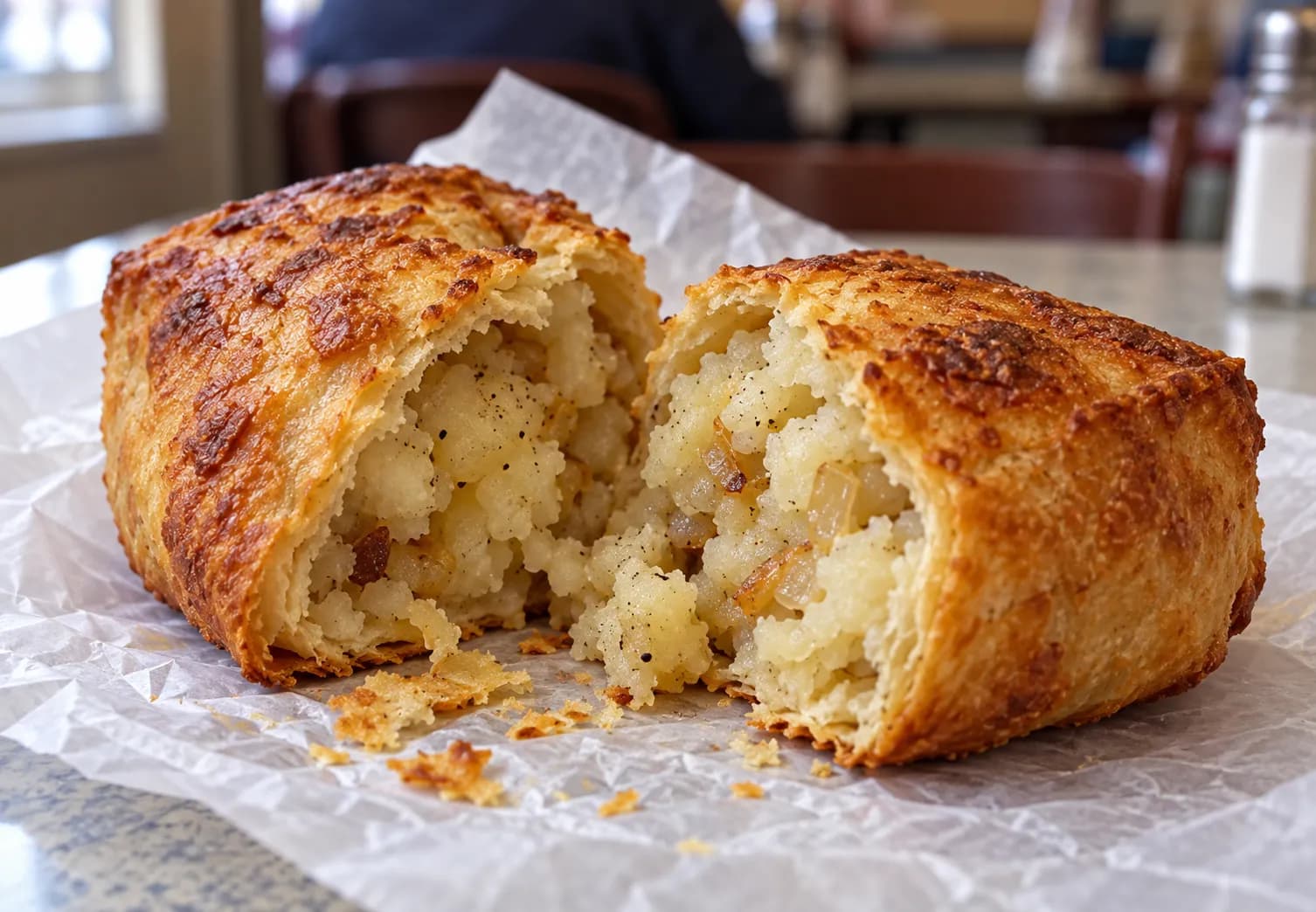 A baked potato knish split open on wax paper showing the soft filling inside