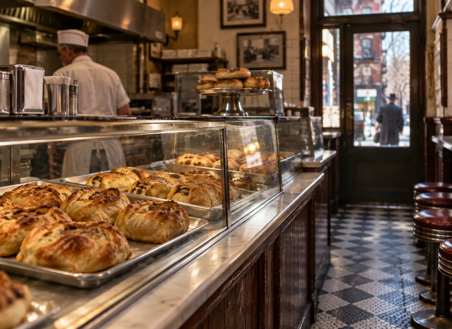 A narrow old Lower East Side storefront counter with tiled floor and a glass display case