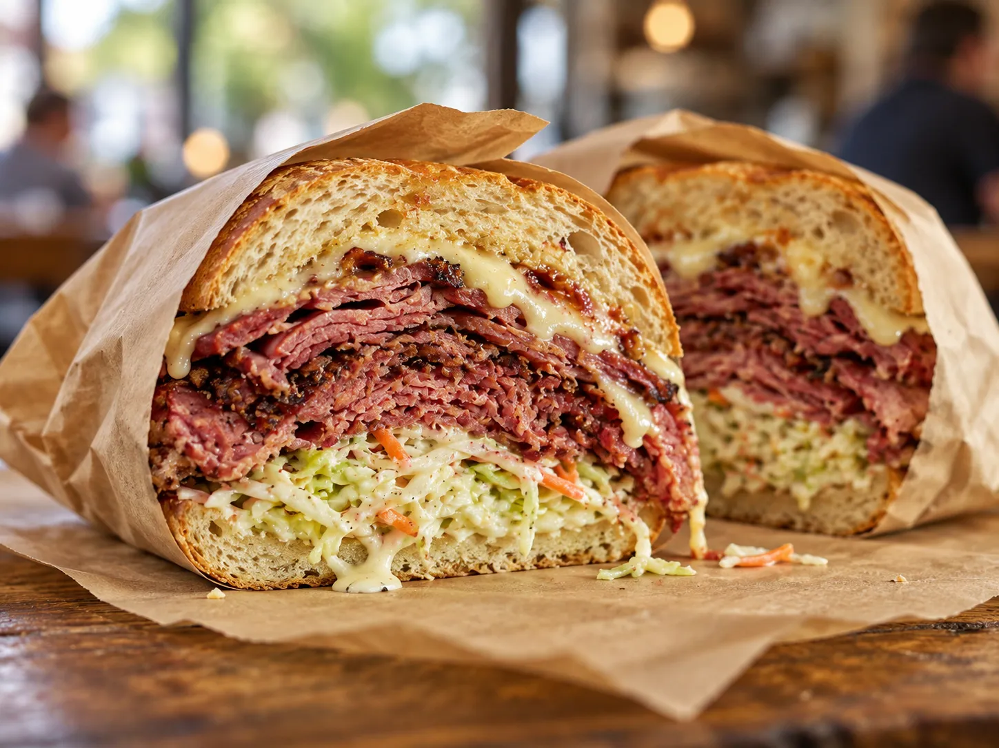 An overstuffed deli sandwich cut in half on butcher paper showing layers of meat and slaw