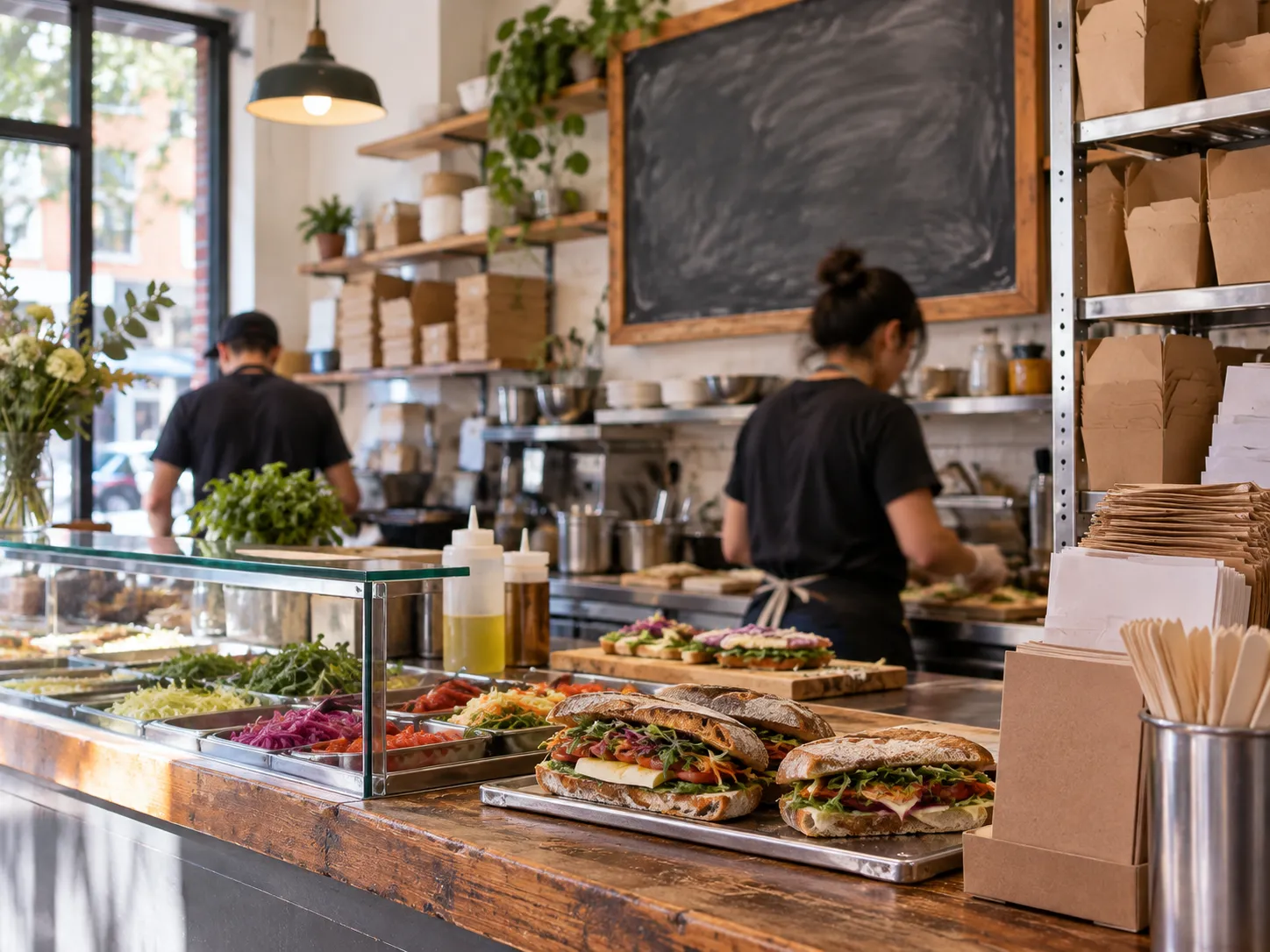 A compact SoMa sandwich shop counter with a chalkboard menu and takeaway packaging stacked behind