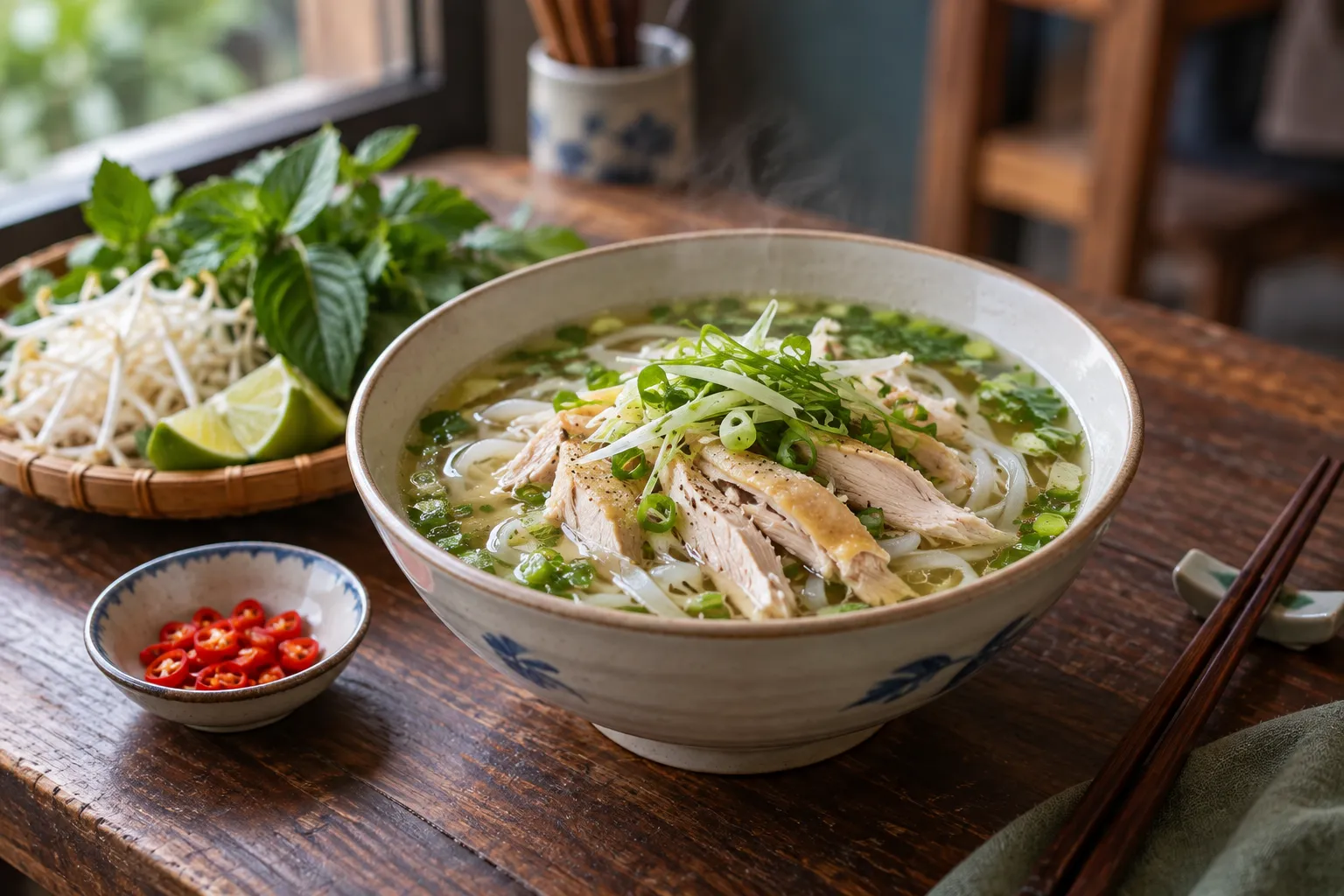A bowl of northern-style Vietnamese chicken pho with flat noodles and spring onion