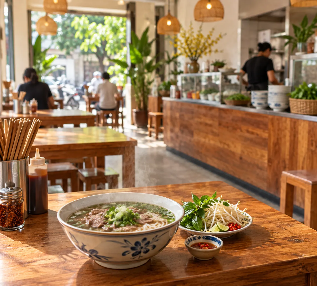 A simple bright Vietnamese noodle restaurant interior with wooden tables and a service counter