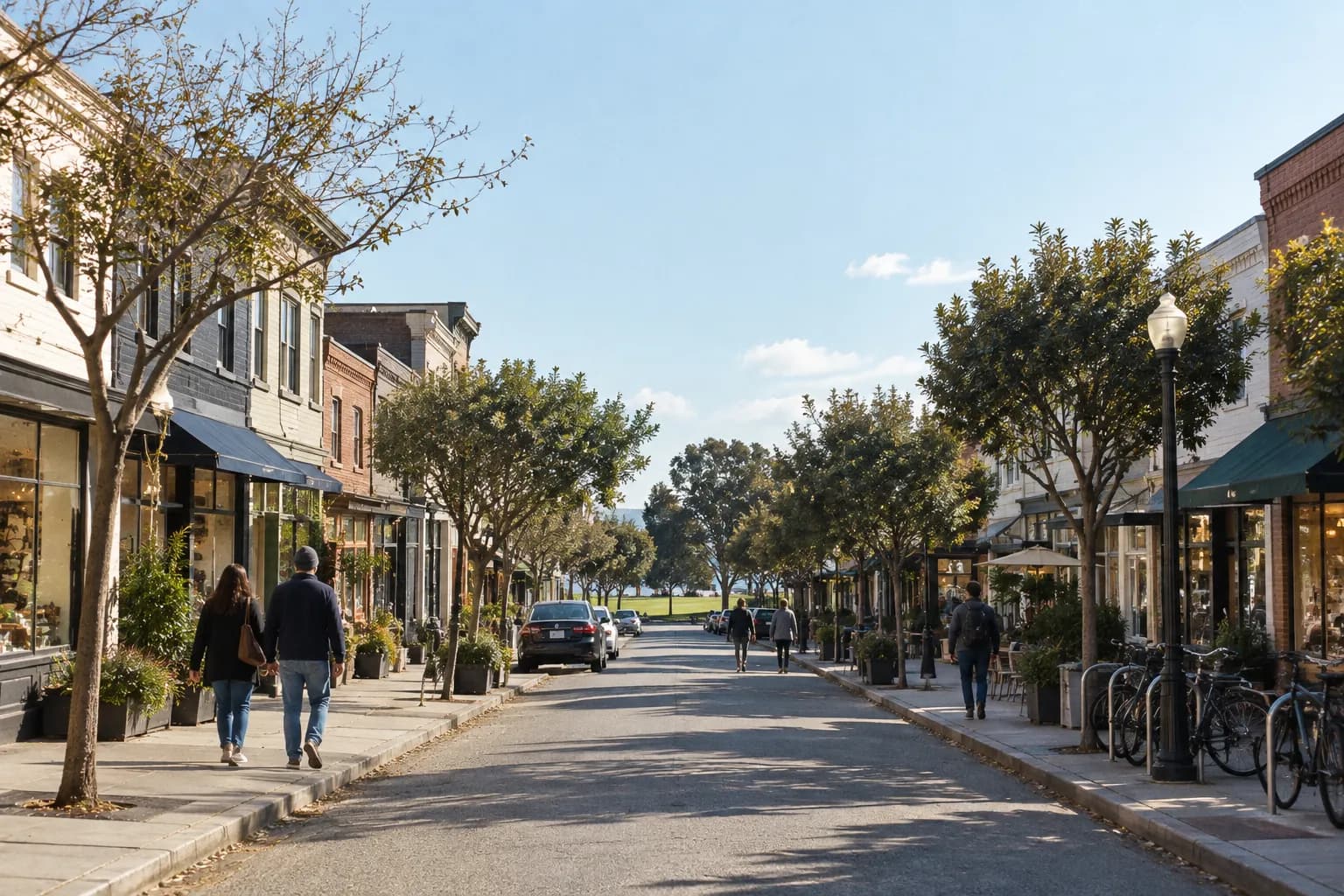 A short low-rise commercial street on a clear afternoon with shopfronts on both sides, bicycles at racks and green space at the far end