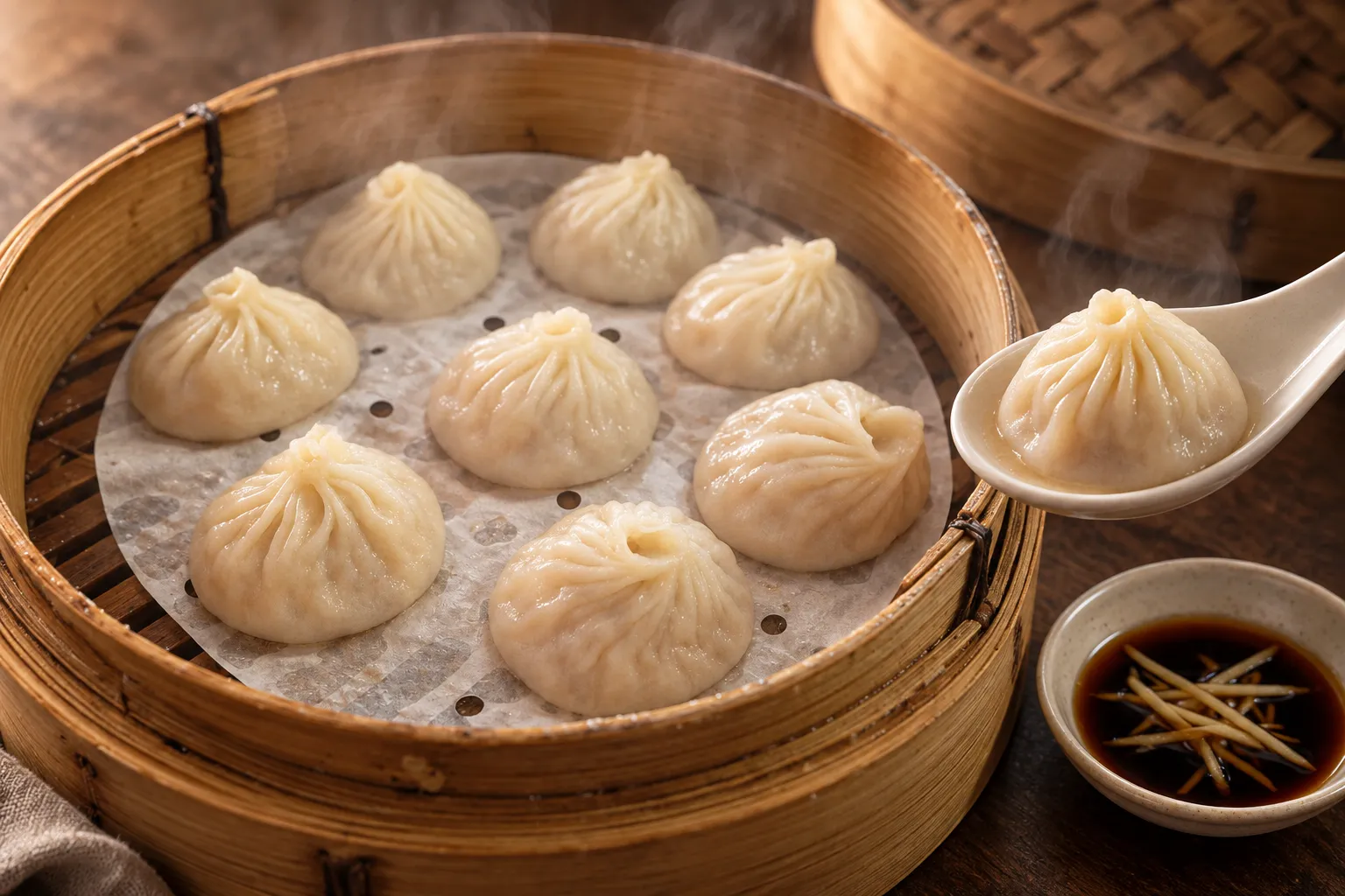 An open bamboo steamer of pleated soup dumplings with steam rising, one lifted onto a ceramic spoon beside a dish of dark vinegar and ginger