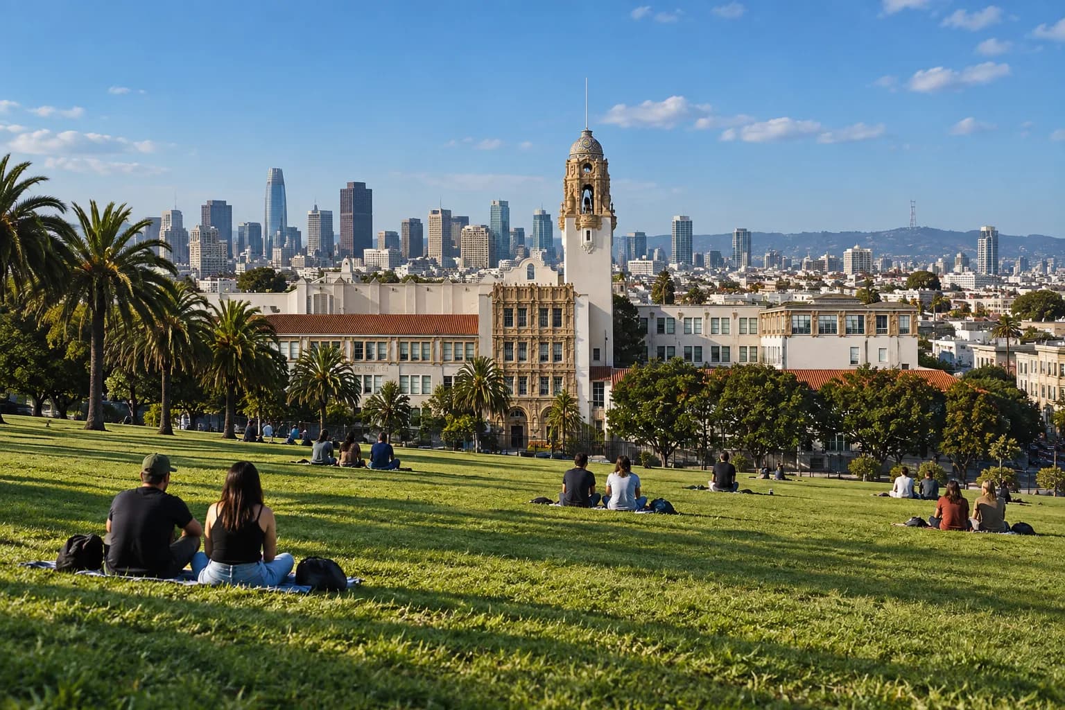 A steep grassy park slope on a clear afternoon with scattered groups sitting on the grass, palms along the crest and a city skyline beyond