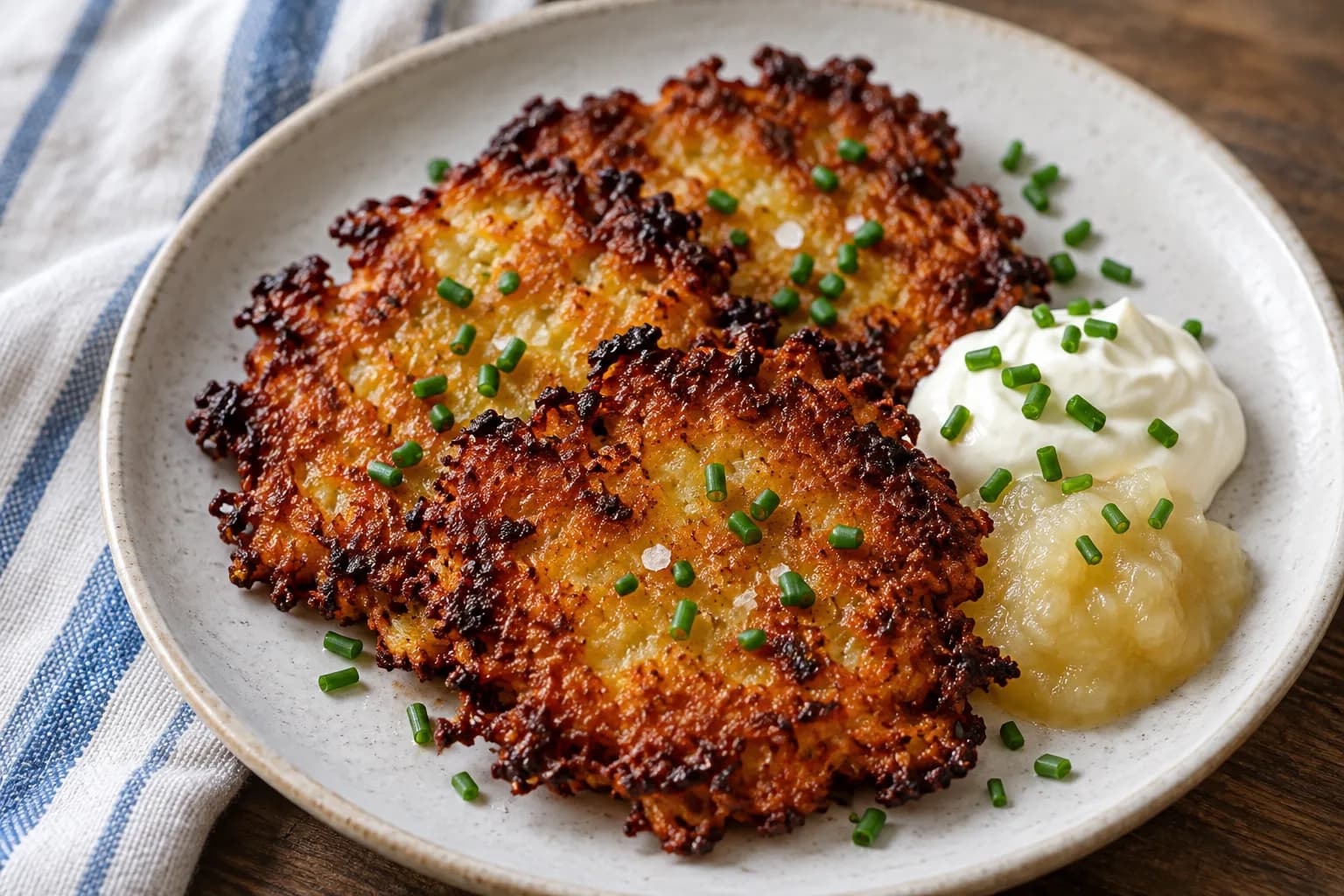 Three ragged golden potato pancakes overlapping on a ceramic plate with sour cream, pale apple sauce and chopped chive scattered over