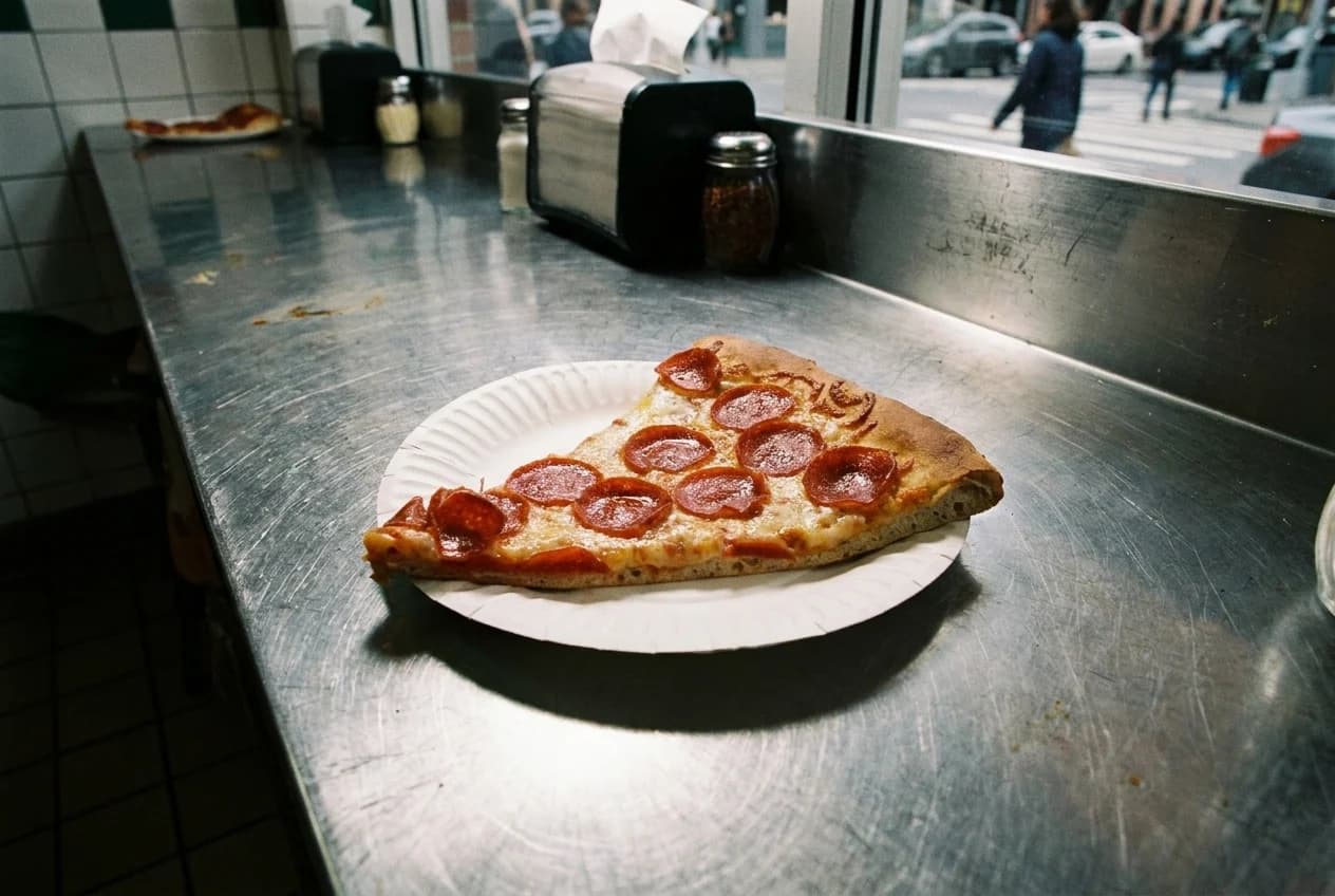 Single slice of New York pizza on paper plate at East Village counter