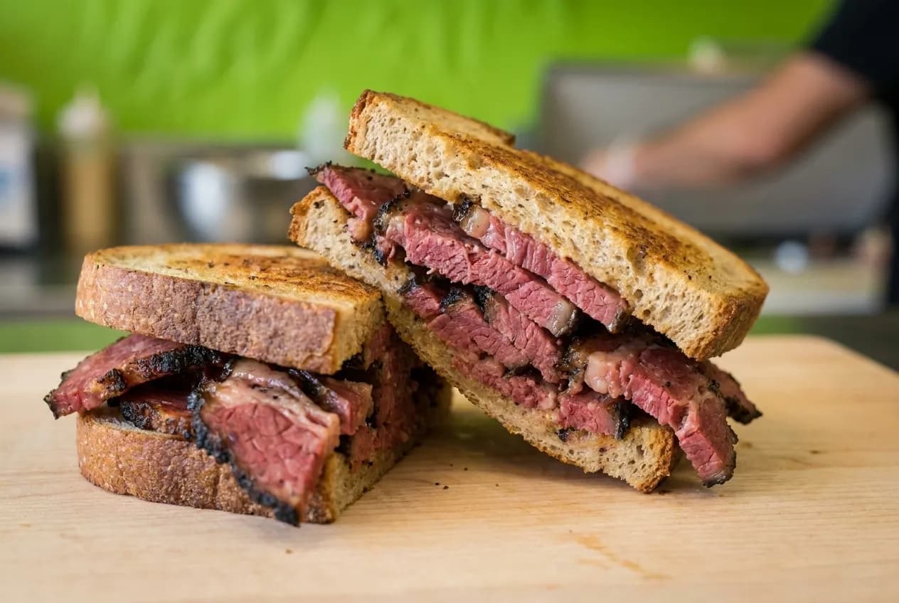 A hot pastrami sandwich on rye cut in half showing thick sliced meat