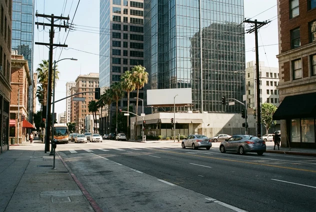 Downtown Los Angeles office towers seen from a street corner in midday light