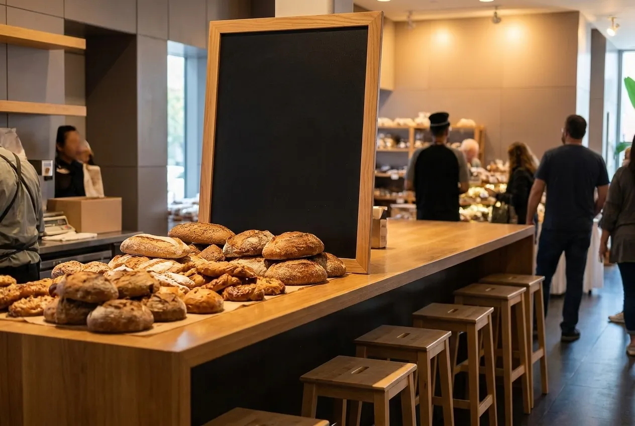 A market hall counter with a hand-lettered blank sign board and stools