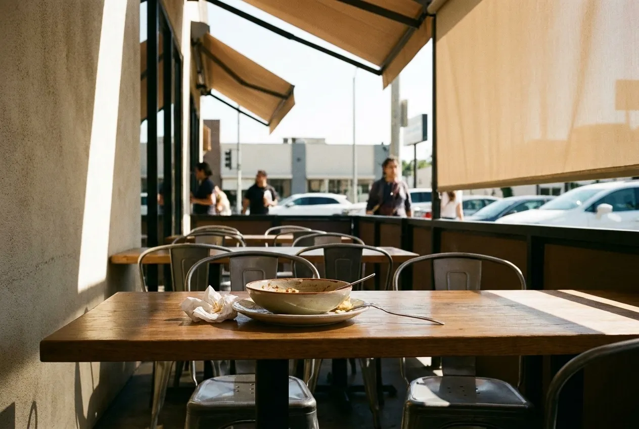 A restaurant patio at midday with a half-finished table and empty chairs