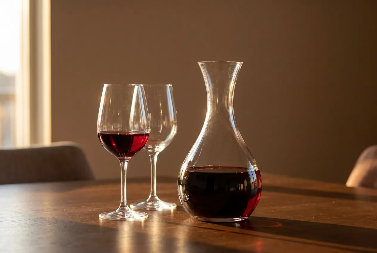 A carafe of wine and two glasses catching afternoon light on a table