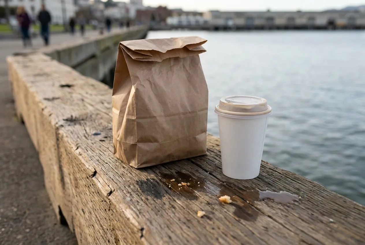 A paper bag lunch and a coffee on a low seawall by the water