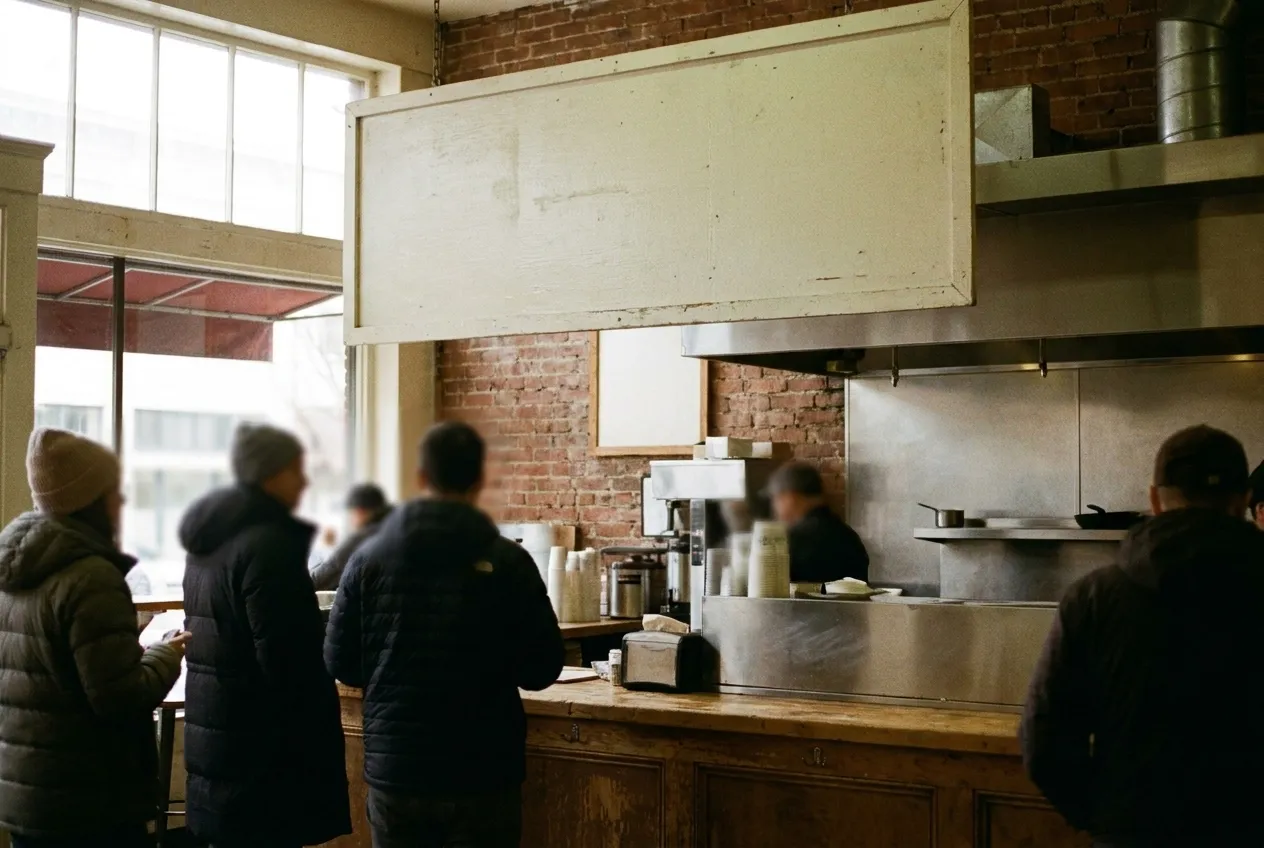 A takeaway counter with a queue of people and a blank menu board above