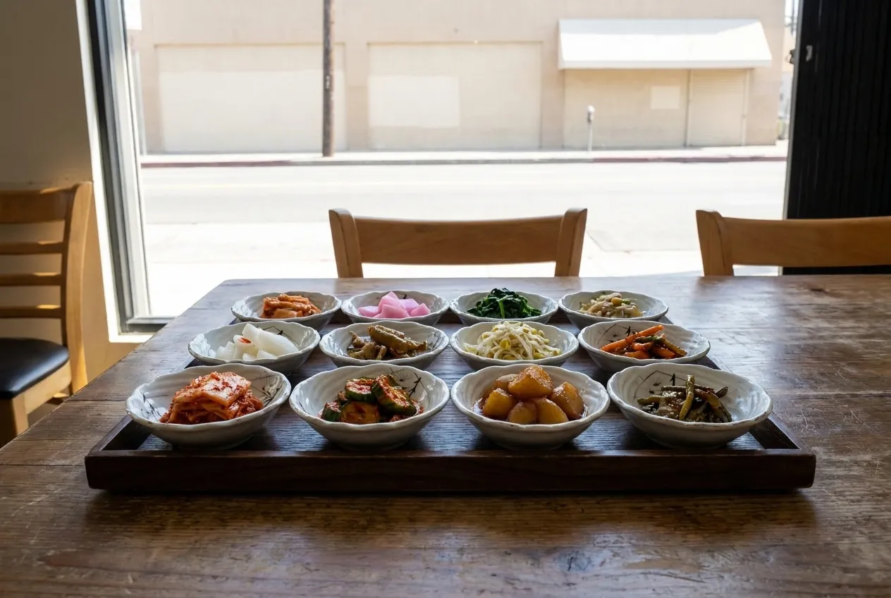 A tray of small Korean side dishes in white bowls arranged in a grid on a table