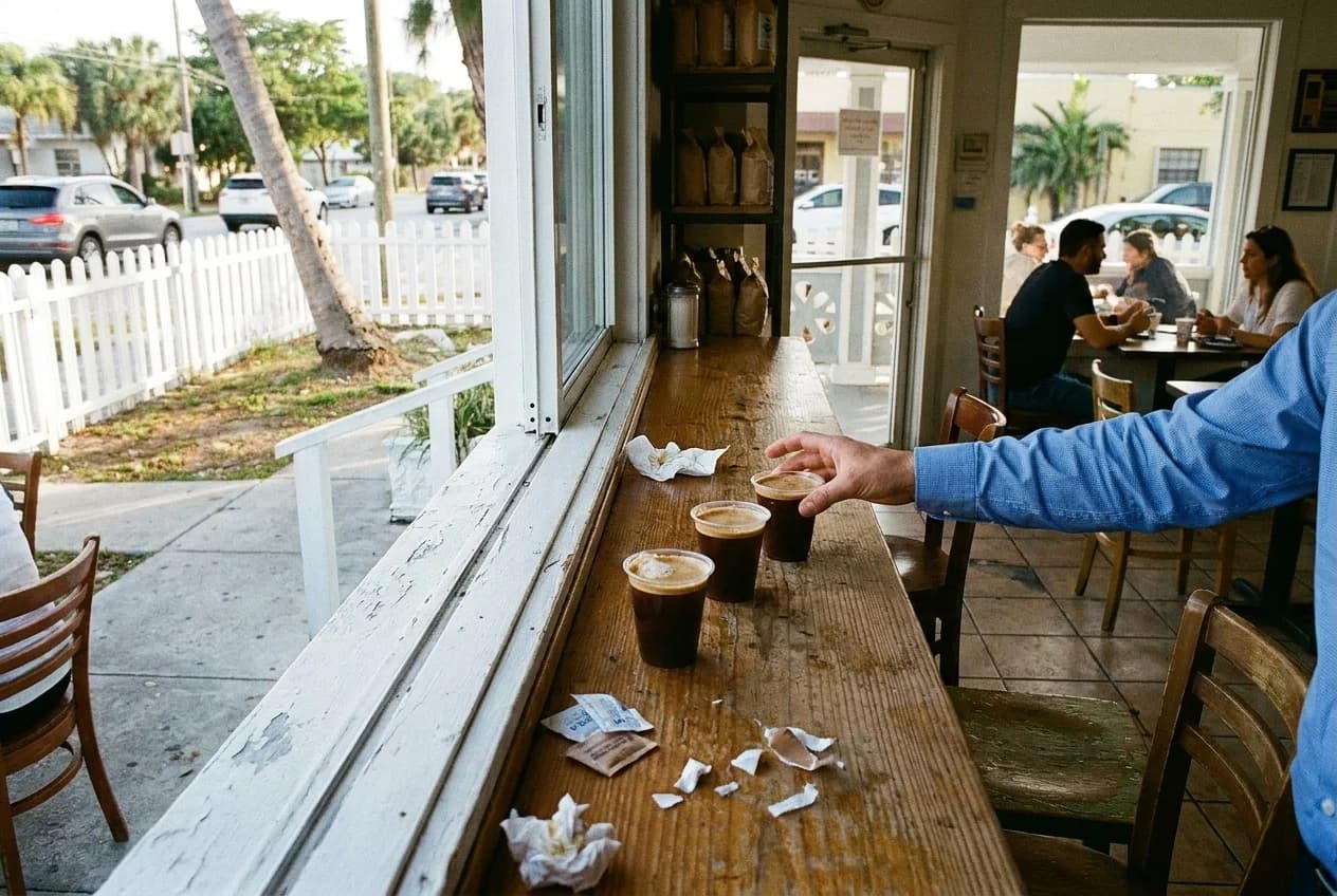 Ventanita coffee window in Little Havana with cortaditos on the counter ledge