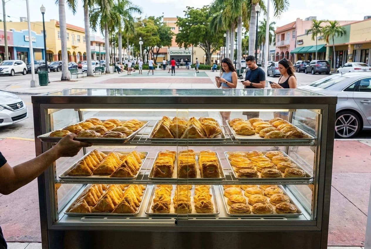Bakery case filled with fresh Cuban pastelitos in Little Havana, mid-afternoon restock