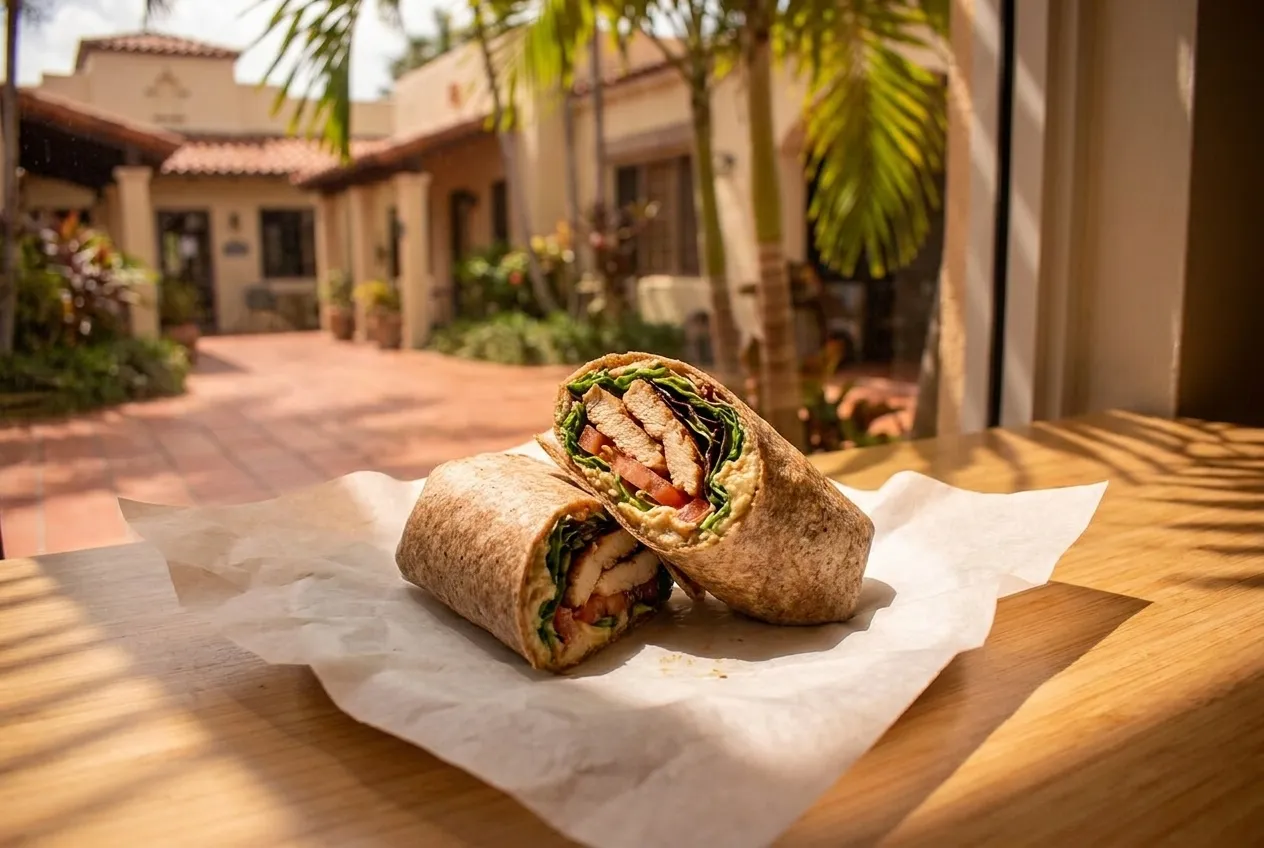 A wrapped sandwich cut in half on parchment paper showing layers of greens, vegetables and protein on a light wood table.