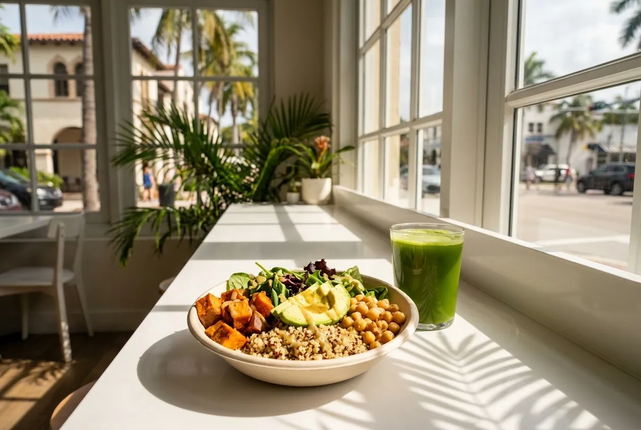 A bright grain bowl with quinoa, roasted vegetables, avocado and greens on a white counter beside a green juice in Miami daylight.