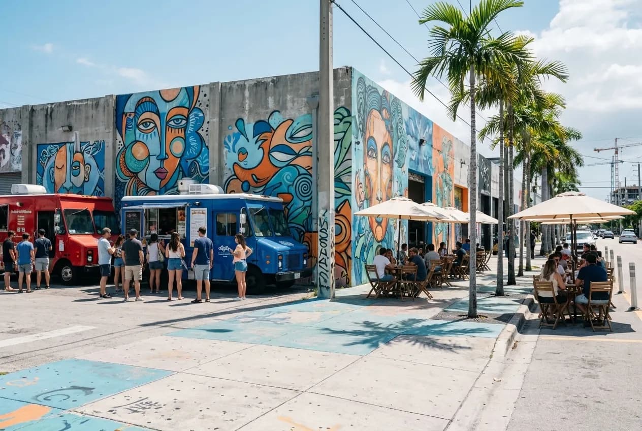 A Wynwood street at noon with bright murals on low warehouse walls, umbrella-shaded outdoor tables, parked food trucks, and sharp sunlight cutting across painted concrete and pedestrian crossings.