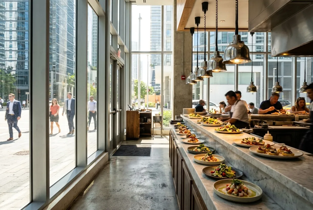 A Brickell lunch counter with polished wood surfaces, plated appetizers under pendant lights, and floor-to-ceiling glass framing midday sidewalk traffic and high-rise towers outside.
