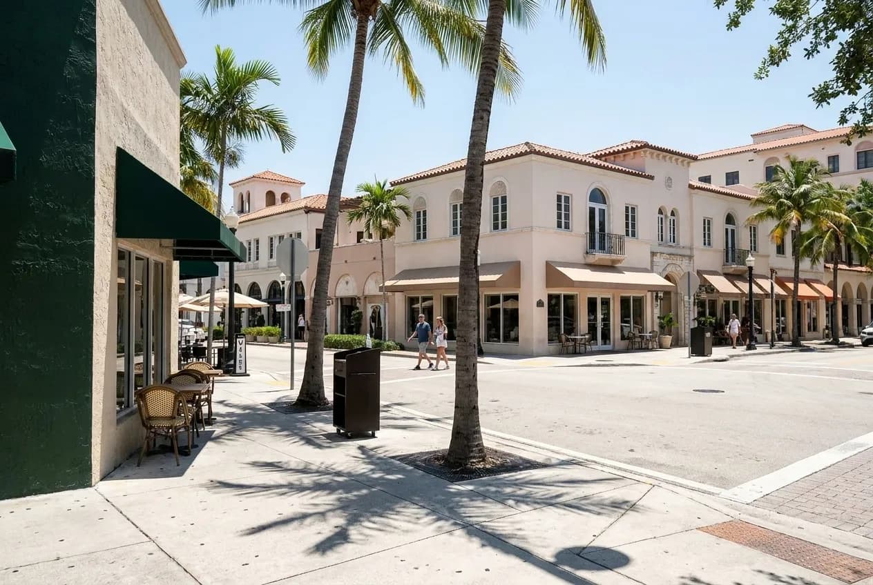Wide view of a quiet Coral Gables street corner with Mediterranean-style storefronts, pale stucco walls and large street-facing restaurant windows in afternoon light.
