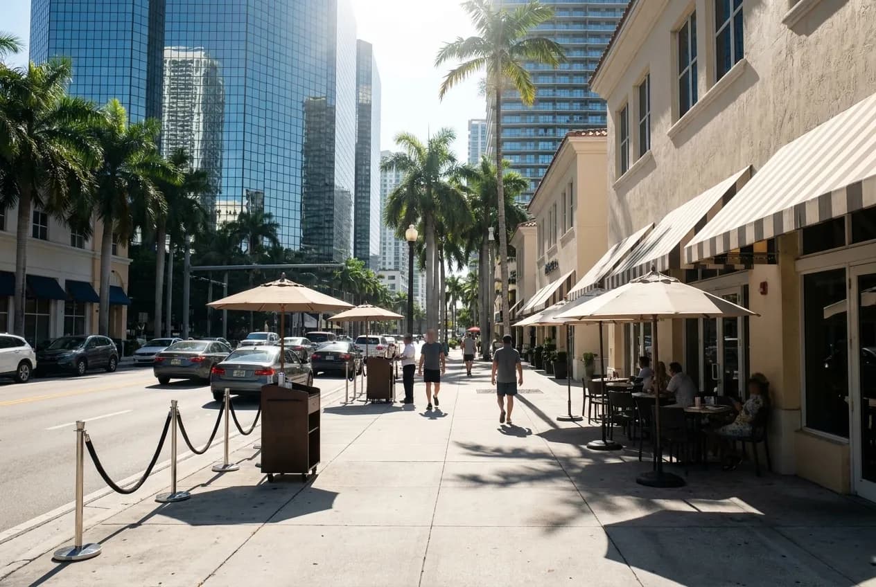 Sunlit sidewalk lined with palm trees and glass-walled office towers in Brickell, with valet pull-in and café tables under deep shade patches at midday.