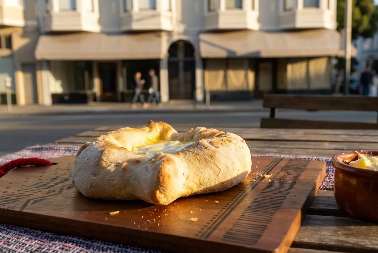 A cheese-filled bread boat with a soft egg in the centre on a wooden board