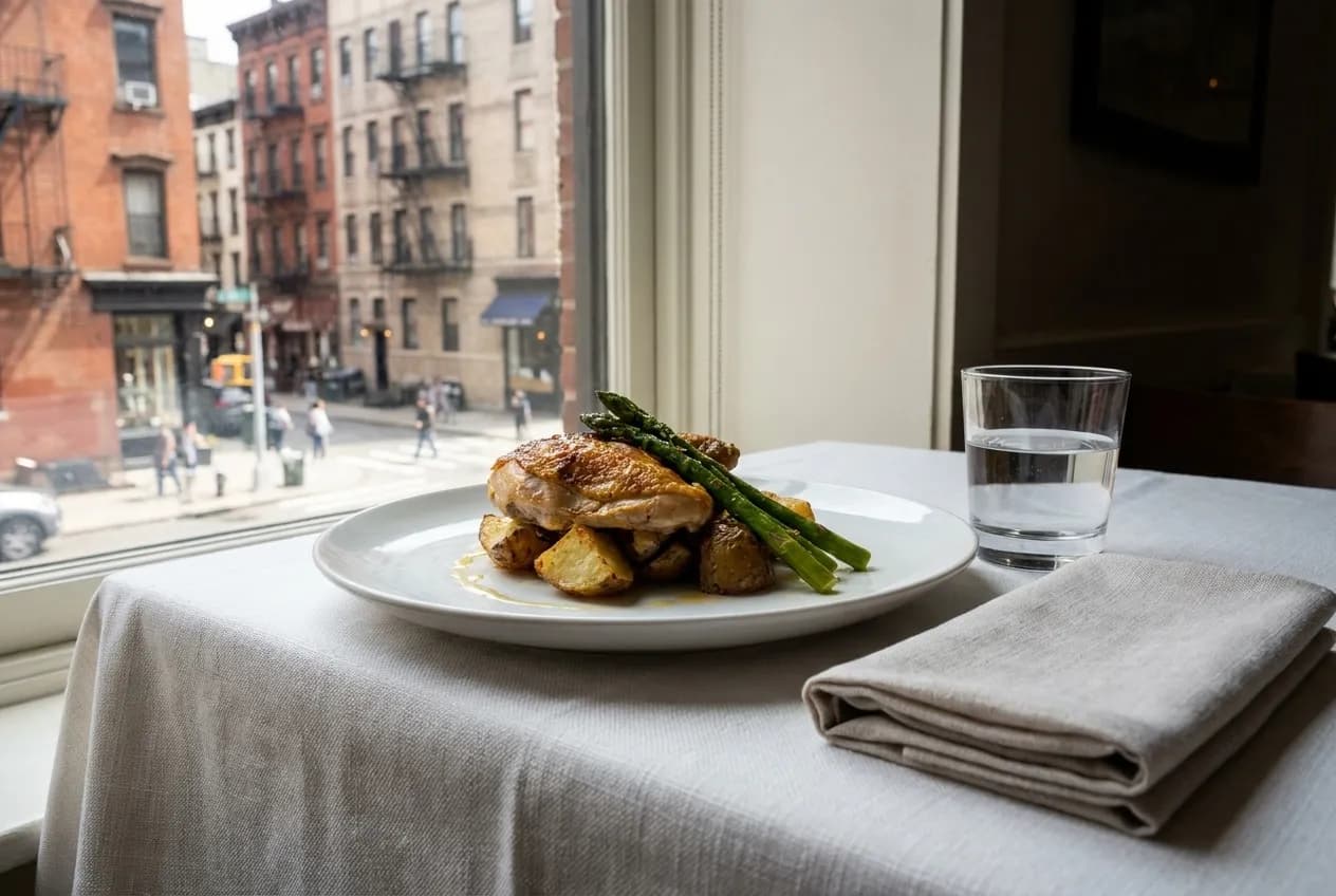 A plated lunch dish on a white tablecloth beside a water glass and folded napkin in natural afternoon light from a nearby window