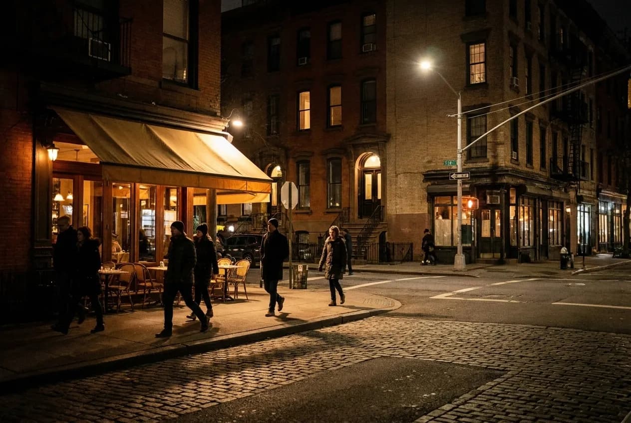 Midday sunlight casting sharp shadows across a quiet West Village intersection with restaurant awnings and pedestrians walking toward lunch destinations