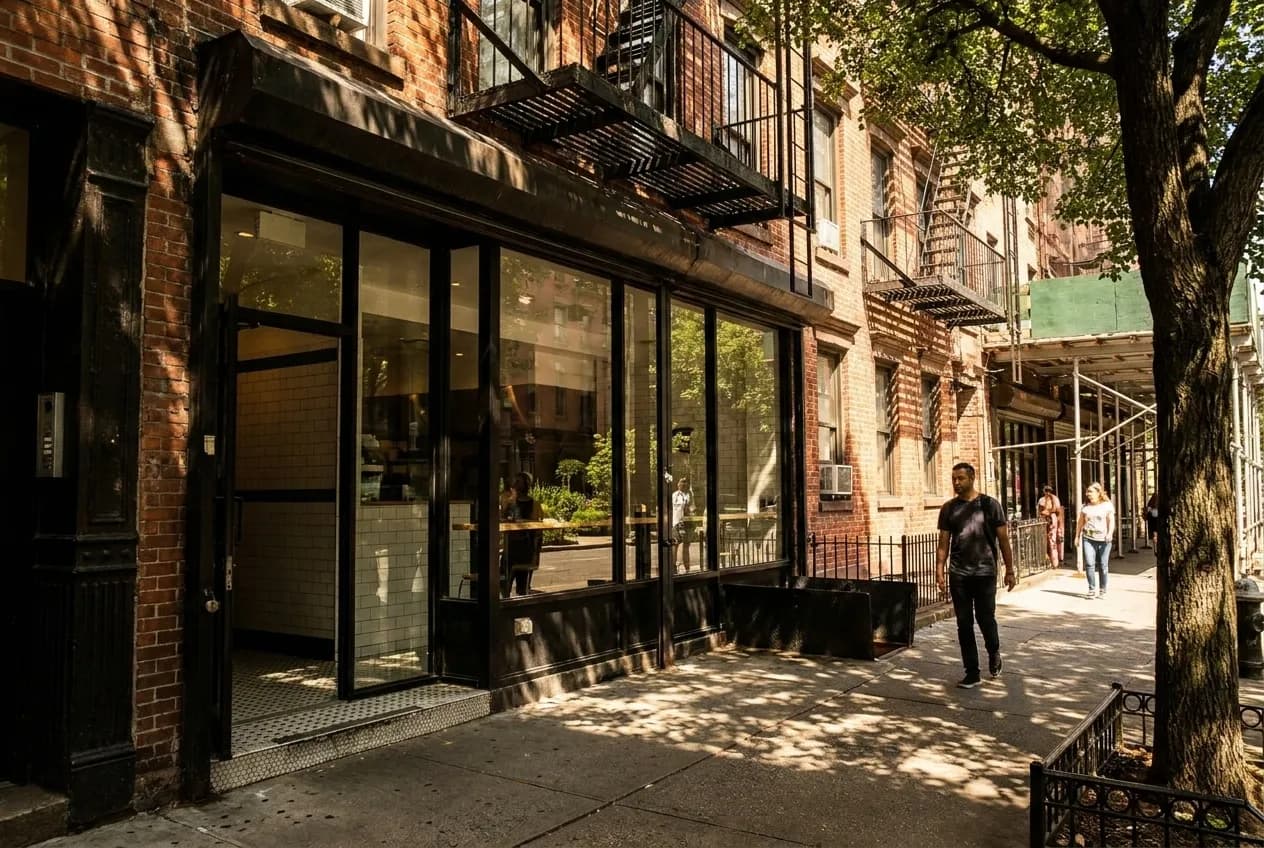 East Village block at noon with tree shadows crossing a tiled storefront window, pedestrians passing a narrow restaurant entrance that opens to a bright interior and glimpse of a rear garden.