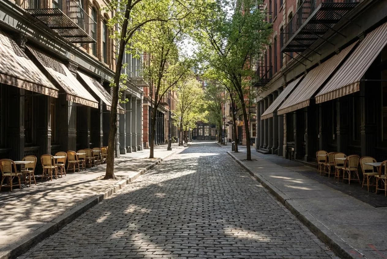 Spring Street corner in SoHo with sidewalk cafe tables under green awnings, midday sunlight cutting across cast-iron building facades and empty chairs waiting for the lunch wave.